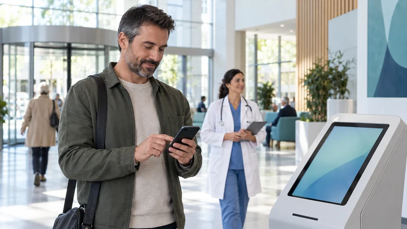 Paciente utilizando un punto de acceso digital conectado con los servicios de un hospital
