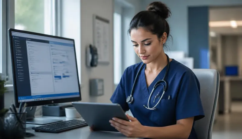 Profesional sanitario revisando documentación clínica asistida digitalmente antes de validarla.
