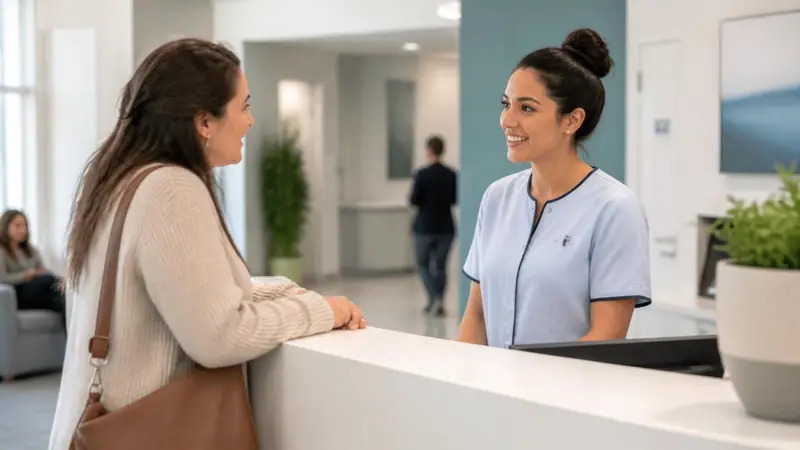 Profesional sanitaria atendiendo a una paciente en el mostrador de recepción de un hospital