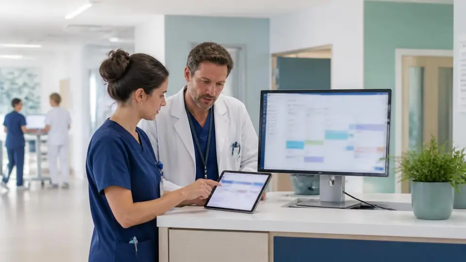 Two hospital professionals reviewing a scheduling overview together on a tablet and monitor at a care coordination desk