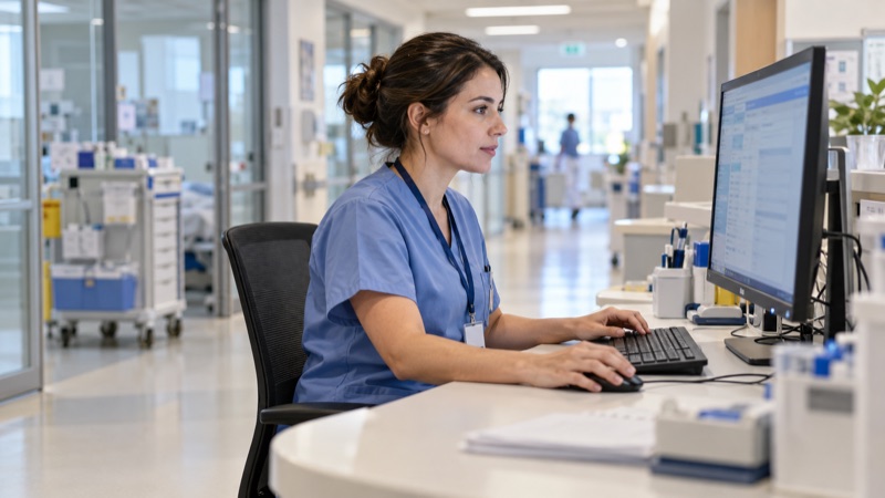 Profesional sanitaria con identificación de personal trabajando con un sistema de información en un puesto hospitalario