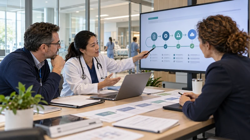 Equipo clínico, técnico y operativo revisando la preparación para desplegar una solución digital sanitaria